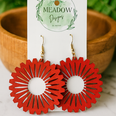 Bright Red Wooden Flowers Earrings